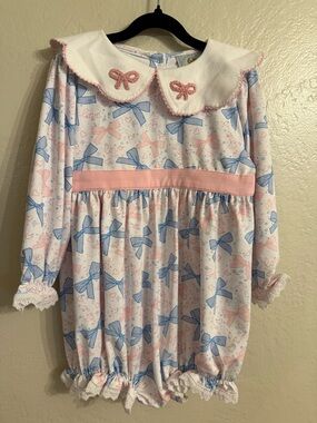 Girls Pink & Blue Bow-Print Long Sleeve bubble